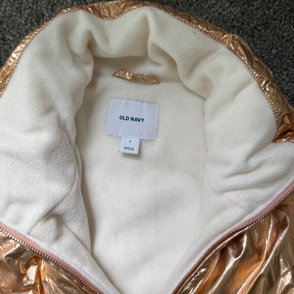 Old Navy Metallic Gold Puffer Jacket Coat warm fleece lining ski mobwife - Picture 3 of 4